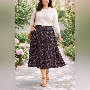 Draper James RSVP Floral Midi Skirt XL Black Pink Button Front Stretch Waist